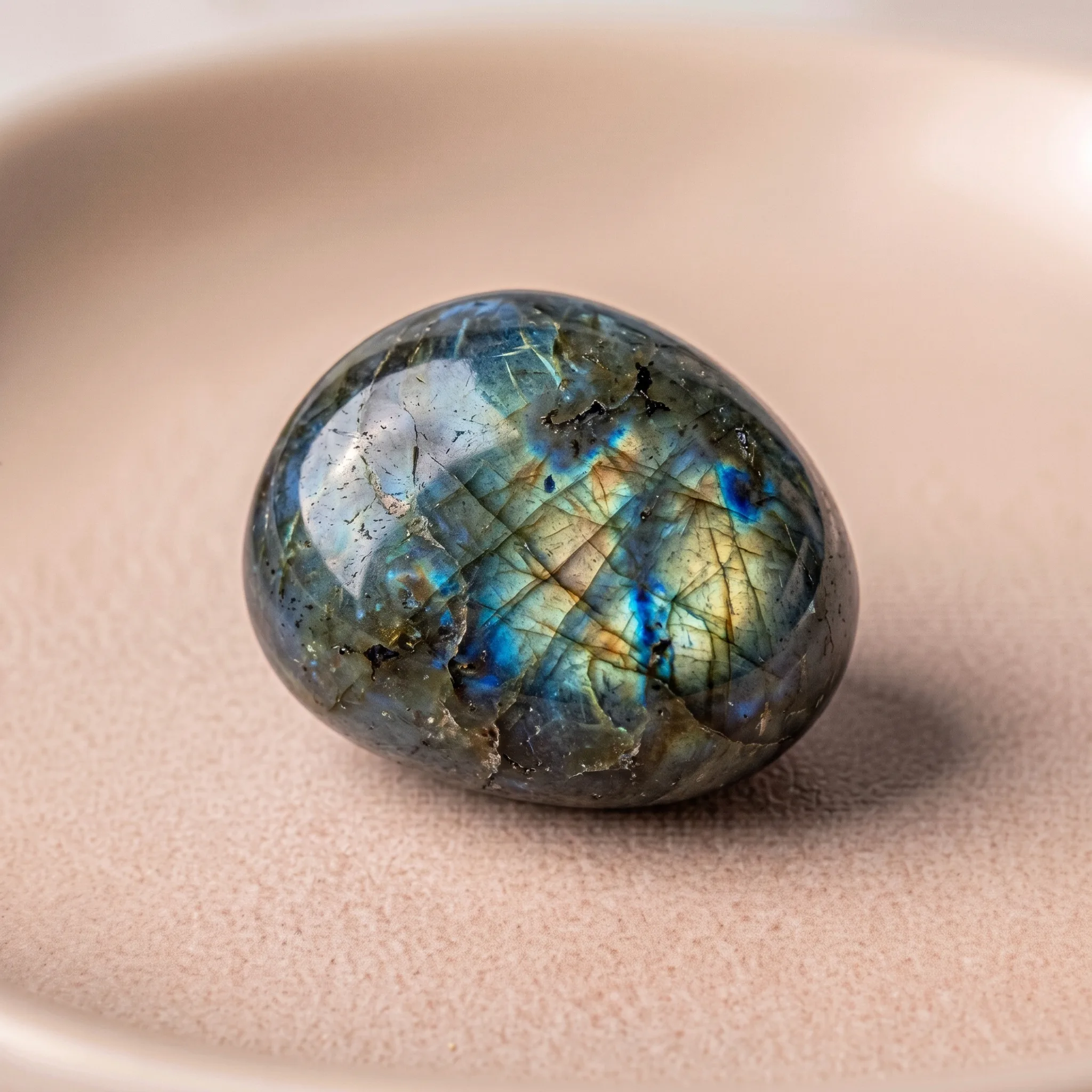 Labradorite avec ses irisations bleues et dorées caractéristiques
